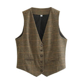 Fongt New Women's Retro V-Neck Sleeveless Single-Creed Short Bump Color Thousand Birdge Vest Vest