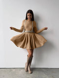 Fongt Round Collar Waist Knitted Dress Women's High-End Ins Windy Folded Sweater Dress