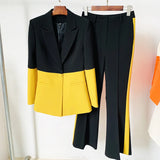 QUALITY Newest 2023 Designer Runway Set Women's Star Style Single Button Color Block Blazer Flare Pants