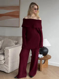 Fongt Selling A Word Shoulder Knitted Commuting Set Loose Top Broad Leg Trousers Simple High-Grade Gray Workplace Fashion