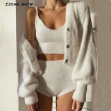 Vintage Set Shaggy Korea Style White Cardigan Furry Single-breasted Button Tank Top Knitted Sweater Jumper 1