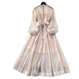 Fongt Standing Collar Nails Drilled Full Of Star Buckle Lantern Sleeves Tied With Waist Temperament Dress Famous Party Dress Dress