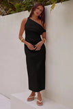 Fongt Spring And Summer New Solid Color Inclined Shoulder Open Shoulder Sexy Medium Long Dress 88112-Outfit