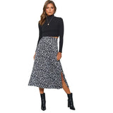 Fongt / Summer 2023 Leopard Print Slit Skirt Sexy Zipper High-Waist Long Skirt-Outfit