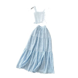 Fongt Fairy Vacation Wearing Women's Summer Dress Pure Desire Elastic Sling Sling Vest Hollow Embroidered High-Rise Half-Schamin Dress Suit