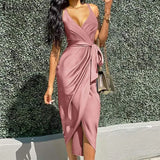 Women Sexy Straps Deep V Neck Dress 2022 Elegant Summer Solid Satin Midi Sundress Casual Lace Up Party Vestido Sarafans
