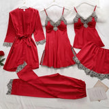 Simulation Silk Pajamas Lingerie Five-Piece Set Slings Sexy Lady Bathrobe Home Clothes