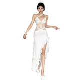 Fongt Winter New Women's Hottie Street Irregular Design Lace Splicing Perspective Showback Dress