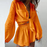 Fongt Women's Wear Casual Solid Color Flounce Shorts Shirt Early Fall Lazy Wind Suit