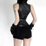 Fongt Street Babes High-Necked Metal Buckle Leather Waist Design Repair Short Sleeveless Top