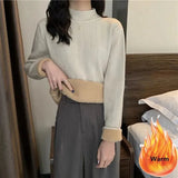 Thicken Plus Velvet Knitted Sweater Women's Slim Warm Plush Lined Knit Tops Korean Basic Knitwear Jumper Casual