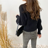 Fongt Gentle Wind Sweet Lantern Sleeve Soft Waxy Wind Sweater Retro Square Neck Knit Top Woman-Outfit
