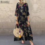 Autumn 3/4 Sleeve Polka Dot Printed Long Dress Vintage Women's Cotton Linen Dresses Female Kaftan Vestido Femme