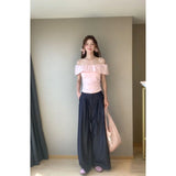 Fongt And Wear The Atmosphere Of The Lotus Leaf Side Shoulder Repair Folding Top With Straight Leisure Long Pants Set