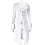 Dark Lolita Gothic White Ruffles Women Long Blouses Lace Up Cut Out Flare Sleeve Shirt Dresses Harajuku Cute Fashion