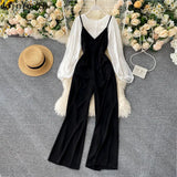 2022 Women Two-piece Suit Bottoming Shirt Tops + All-match Suspender Wide Leg Pants Jumpsuit Sets 2Pcs Femme