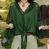 Hooded Bandage Blouse Women's Clothing Casual Loose Solid Color Spring Summer Thin Commute Single-breasted Loose Shirt-Outfit