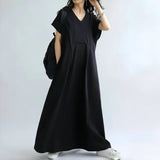 Fongt Summer New Women's V-Neck Bat Sleeves Folding Solid Color Dress Slimming Women's Dress