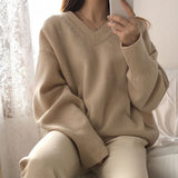 Lazy Wind V-Neck Sweater Women Look Loose And Thin, Wearing Knitted Bottomed Sweaters Inside-Outfit