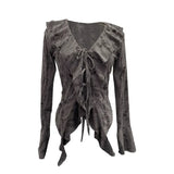 Fongt Wind To Make Old Hole Horn Long Sleeve Open Shirt Tie With Lotus Leaf Side V Collar Sunscreen Shirt 9280