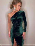 Solid Long Sleeve One Shoulder Ruched Slit Velvet Midi Dress Bodycon Sexy Party Club Elegant Evening Christmas 2021