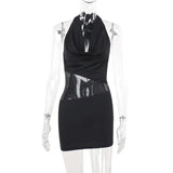 Black Halter Neck Patchwork Sequin Mesh Mini Dress-Outfit