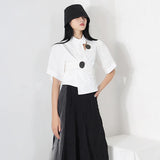 TWOTWINSTYLE White Casual Cut Out Shirts Female Irregular Collar Short Sleeve Asymmetrical Korean Fashion Woman Blouses 2022