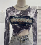 Fongt Shooting Hottie Perspective Dye Mesh Spliced Denim Long-Sleeved Shirt T-Shirt T-Shirt 26121