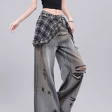 Fongt Tie Jeans Women Autumn New Retro Loose Broad Legs Drag Long Pants Ins