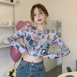 Print Summer Mesh Sunscreen Long Sleeves Women's Crop Top O Neck-Outfit