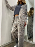 Women's Long sleeved Casual Style Polyester Material 2024 New Fashion Leopard Pattern Cardigan Coat Long Pants Set-Outfit