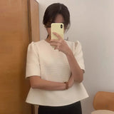 Patchwork Blusas Mujer Small Fragrance Shirts Blouses Puff Short Sleeve Camisas Spring Summer Tops Loose Casual Ropa-Outfit