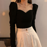 Women Off Shoulder Puff Ruffle Long Sleeve T Shirt Ladies Solid Casual Tops Solid Color-Outfit