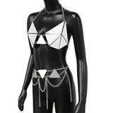 PU Leather Women 2 Piece Set Rave Festival Outfits Handmade Patchwork Metal Chain Backless Crop Top Lady