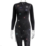 Fongt Women's Mesh Flash Diamond Round Collar Dress