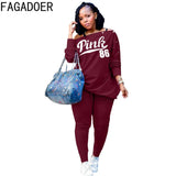 Off Shoulder Button Design Two Piece Sets Women PINK Letter Print Top+Stacked Pants Tracksuits Spring Casual Outfit