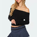 Fongt 2025 New Knitted Top Women's Clothing Pure Color Collar Shoulder Long-Sleeved Cover Sweater Woman