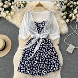 Fongt Small Pure And Fresh Broken Flower Condole Belt Skirt Chiffon Small Shawl Female Summer Two Set Suit-Outfit