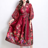Fongt Retro Cross-Lace With Waist V-Neck Yarn Lantern Sleeves Thin Temperament Print Dress