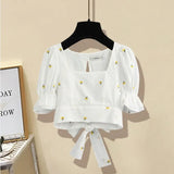 Women Summer Long Pants Sets Korean Casual Square Short Sleeve Print Short Top And Denim Jeans Trouser Two Pieces