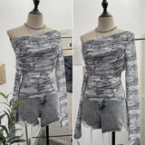 Fongt Tie-Dye-Print Mesh Folded Long-Sleeved T-Shirt With A Word-Collar Slanted Shoulder-To-Back Short Top 1183