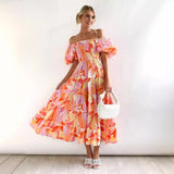 Fongt Summer New Bubble Sleeve Holiday Show Skinny Dress Babes High-Waisted Shoulder-Print Dress Dress Woman