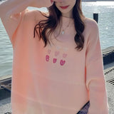Fongt Sense Minority Love Embroidery Soft Waxy Sweater Female Early Autumn Loose Retro Lazy Wind Knit Sweater Top-Outfit