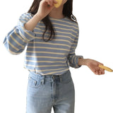 Spring And Autumn Wear Korean Version Of Striped T-Shirt Women's Long Sleeves Loose Leisure Lazy Wind Pure Cotton Student Shirt Trend-Outfit