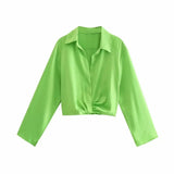 Spring Summer Women Retro Printing Simple Style Long Sleeve Twisted Pullover Shirt Tops And High Waist