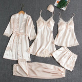 Fongt Women Summer Ice Silk Sexy Hot Home Clothes Spring And Autumn Long Sleeve Thin Large-Size Pyjamas Five-Piece Set