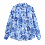 Women Floral Printing Stand Collar Oversized Shirt Female Long Sleeve Blouse Casual Lady Loose Tops Blusas