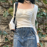 Lace Trim Square Collar Lace Ribbon Long Sleeve Tee-Outfit