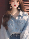 Fongt Niche Design Blouse Hannese Age-Lowish Slim Super-Good Looking Blue Cowboy Splicing Shirt