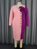 Fongt Collidered Rose Dress Party Banquet V-Neck Long Sleeve Mid-Sleeves Evening Dresses